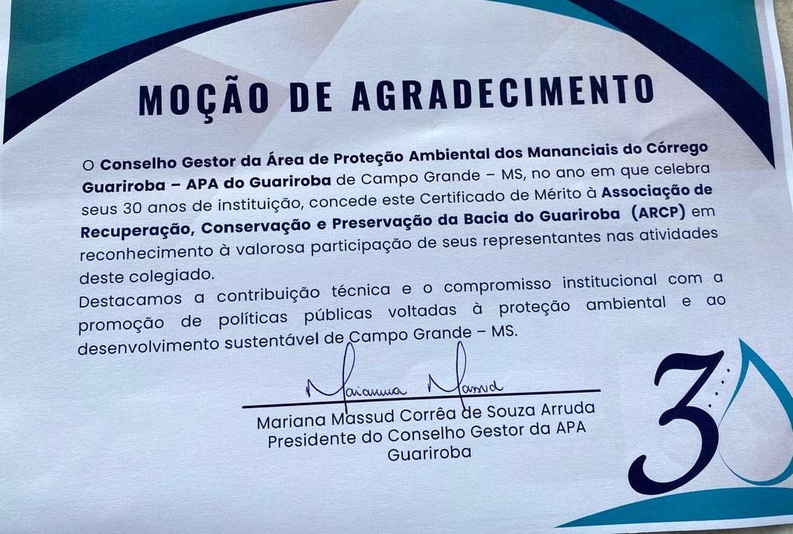 Foto Conselho Gestor entrega homenagens pelos 30 anos da APA do Guariroba e pelo trabalho executado pela ARCP