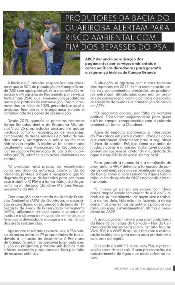 Foto Revista do Sindicato Rural de Campo Grande destaca fim do pagamento de PSA aos produtores rurais da APA do Guariroba